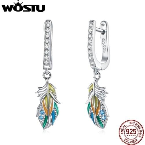 Wostu Double-button Earrings 925 Sterling Silver Geometric Feather Ear Buckles Simple Women Fine Jewelry DAE485