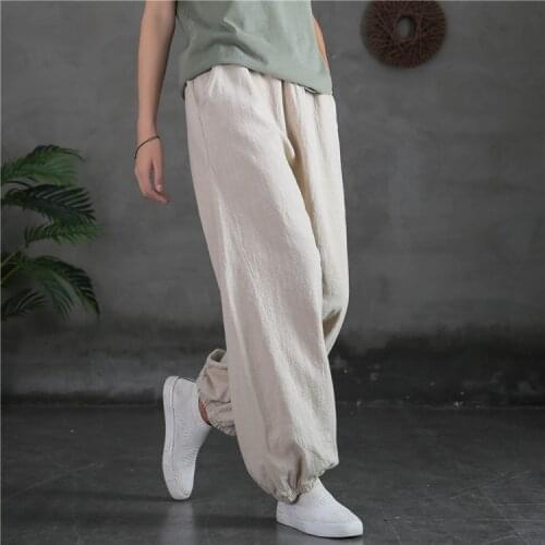 Women Loose Ramie Elastic Waist Pants Loose Vintage Solid Color Trousers Female 2020 Spring Autumn Pants
