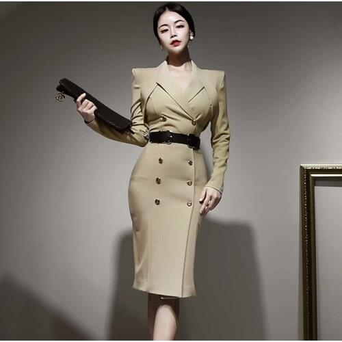 2021 Autumn Elegant Women V-Neck Full Sleeve Blazers Bodycon Sexy Work Wear Party Bandage Double Breasted Button Dresses