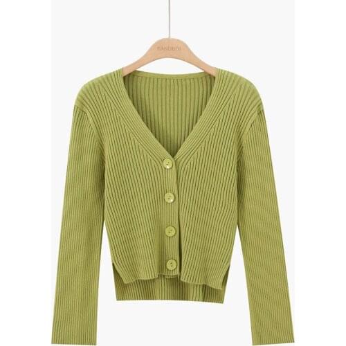 Ladies V-neck Single-breasted Cardigan Autumn Women Korean Version Wild Short Long-sleeved Solid Color Short Knit Sweater Jacket