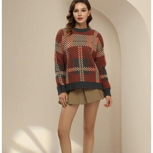Womens Casual Long-sleeved Loose Sweater Fashion Contrast Color Plaid Round Neck Knitwear