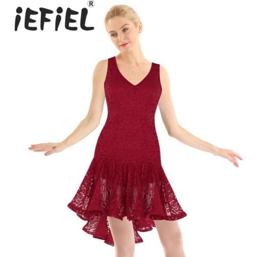 Women Lace Professional Ballet Dance Leotard Adult Gymnastics Ballerina Scoop Neck Sleeveless Ruffled High Low Latin Dresses