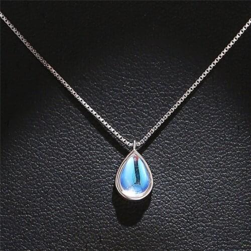 Cute Female Water Drop Moonstone Pendant Necklace Real 925 Sterling Silver Wedding Necklaces For Women Boho Bride Chain Neaklace