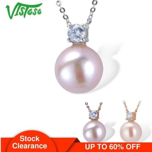 VISTOSO Gold Necklace For Women Genuine 14K 585 Rose White Yellow Gold Fresh Water White Pearl Diamond Necklace Fine Jewelry