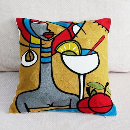 100% Canvas Abstract Painting Square Pillow Cover Embroidered Cushion Cover Car Chair Sofa Pillow Case 45x45cm Without Stuffing