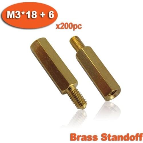 200pcs Male To Female Thread M3 x 18mm + 6mm Brass Hexagon Hex Standoff Spacer Pillars