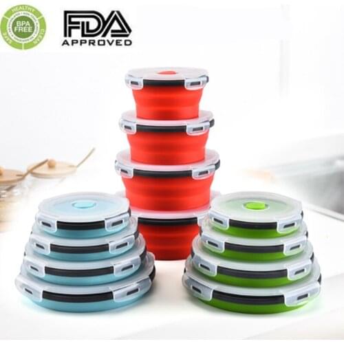 4pcs/set Silicone Foldable Lunch Box Round Bento Microwavable Food Storage Container Portable Picnic Camping Outdoor Box