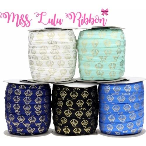 50 Yards/Lot Sea Shell Gold Foil Printed Elastic Ribbon DIY Handmade Hair Band, Hair Tie Making