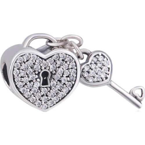 Genuine 925 Sterling Silver Charm Love Heart Lock & Key With Crystal Pendant Beads Fit pandora dora Bracelet & Necklace Jewelry