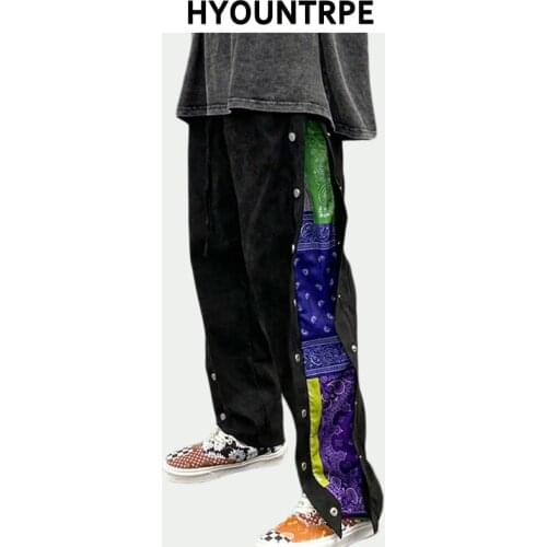 Mens Side Buttons Patchwork Harajuku Straight Pants Casual Elastic Waist Fake Suede Trousers Hip Hop Streetwear Casual Joggers
