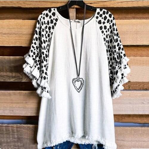Oversized Splicing T Shirt Womens Leopard Print Splicing Ruffle Tunics V-neck Short Sleeves Pullover Blouse Блузка Женская
