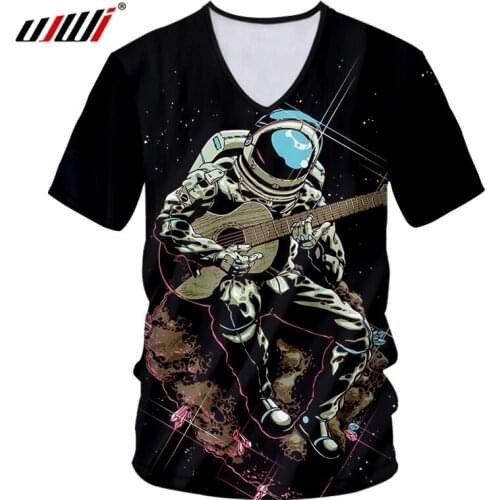UJWI 2020 Summer TopsWomen/men Astronaut Space Guitar Printed 3d Tshirt With V-neck Homme Bodybuilding Fitness Casual T-Shirts