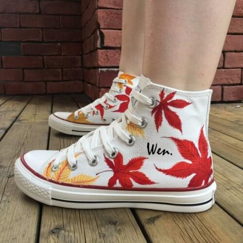 Wen White Hand Painted Shoes Original Design Custom Maple Leaves High Top Men Womens Canvas Sneakers Christmas Gifts