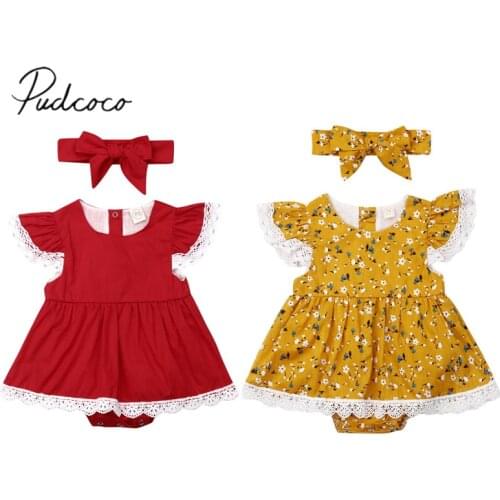 2019 Baby Summer Clothing Newborn Baby Girl Floral Romper Dress Clothes Lace Flowers Solid Jumpsuits Dress Headband 2PCS Outfit