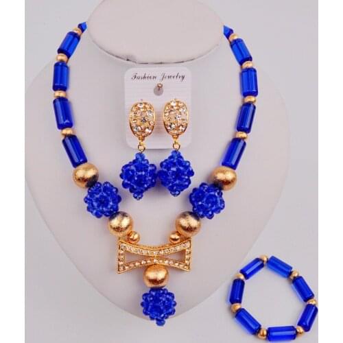 Pretty Blue African Necklace Beads Set Nigerian Wedding Costume Jewelry Set SJZQ5-1