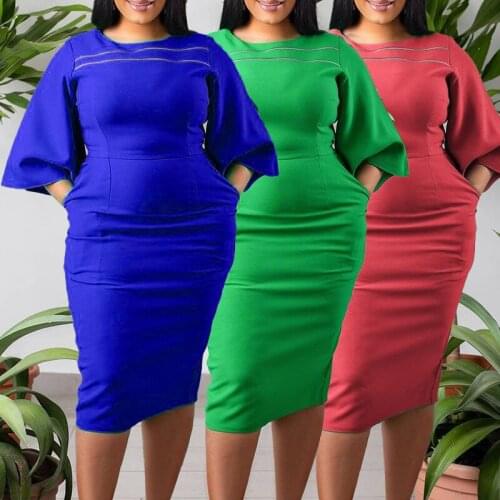 Summer Elegant African Dress For Plus Size Women Solid Color Half Sleeve Midi Bodycon Dress Lady Office Work Wear Modest Clothes