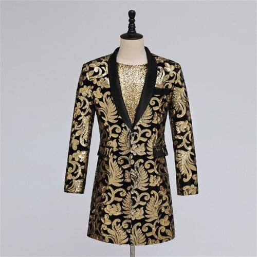 Men Suit Coats Young Slim Host Long Black And Gold Sequined Suit Magician Nightclub Dj Chinese Style Male Singer Stage Costume
