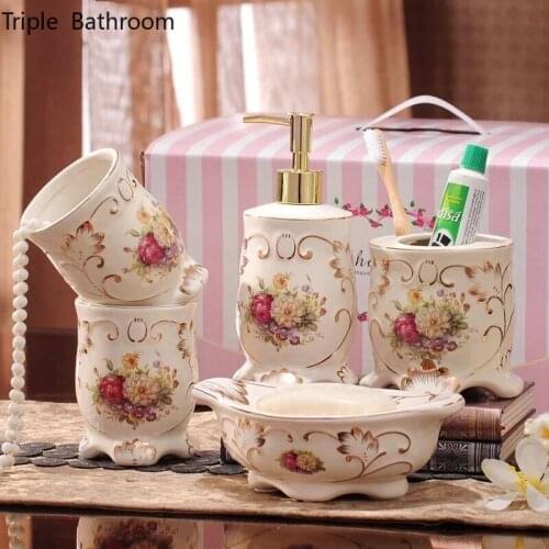 Ceramic European pattern bathroom set wash set bathroom accessories set tray toothbrush holder set soap dispenser