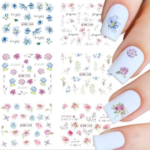 12x Spring Summer Flowers Nail Water Decal Rose Leaf Hydrangea Blossom For Nails Art Decoration Watermark Stickser BEBN1465-1476
