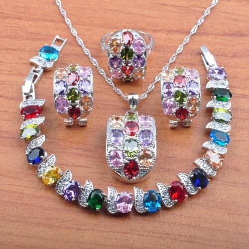 Amazing Women Wedding Costume Silver Color Multicolor Zirconia Jewelry Sets Clip Earrings/Necklace/Bracelet/Ring Sets JS0522