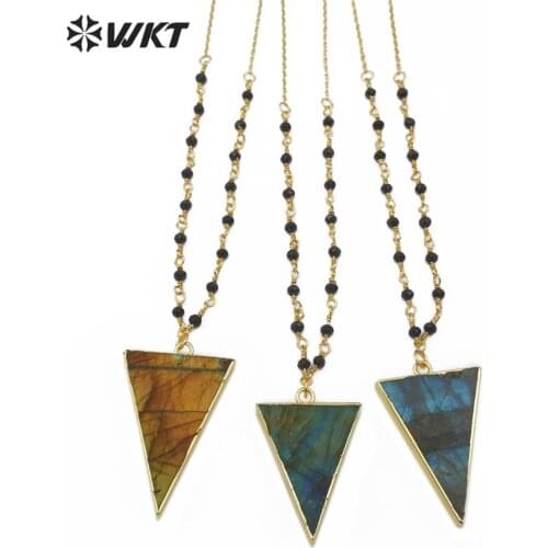 WT-N1167 Wholesale Natural labradorite necklace triangle shape High quality labradorite gold electroplate Stone Chain necklace