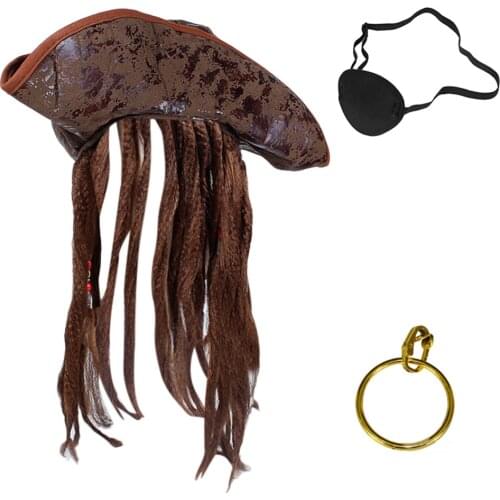 Halloween Pirate Hat Tricorn with Dreadlocks Includes Eye Patch and Earring Cosplay Costume Accessories Prop