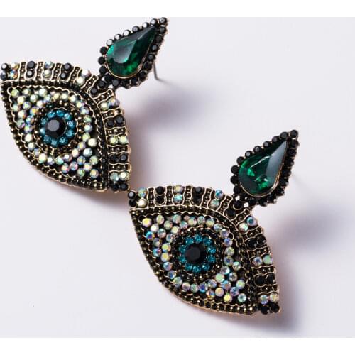 Hot Exaggerated Vintage Ethnic Eye Shaped Full Rhinestone Pendant Statement Earrings for Women Fashion Jewelry