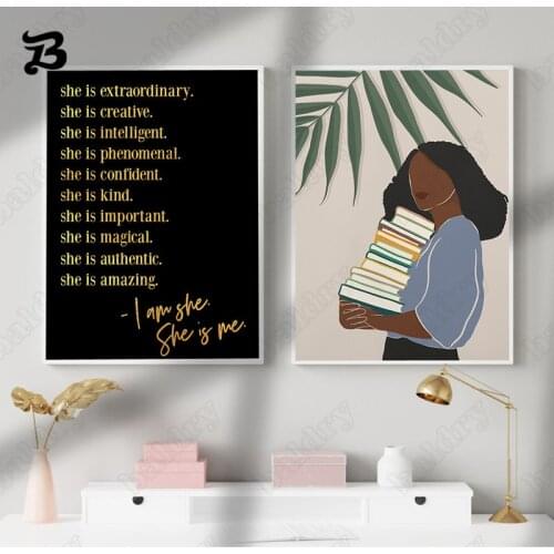 Excellence Quotes Canvas Poster Black Golden Wall Art Print Woman Holding Book Painting Decorative Picture for Girls Room Decor