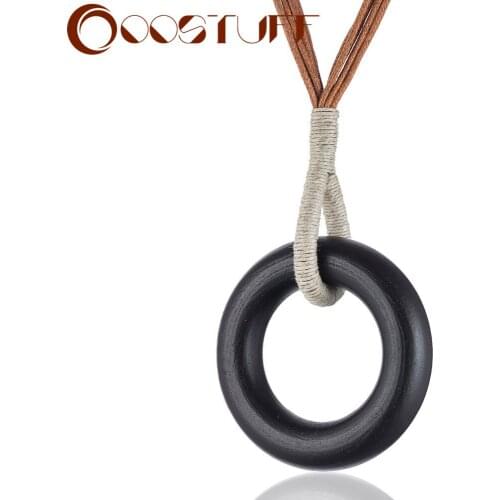 Handmade Black Round Circle Simple Necklace Long Chain Jewellery Pendants For Women Big Wooden Suspension Decoration Accessories