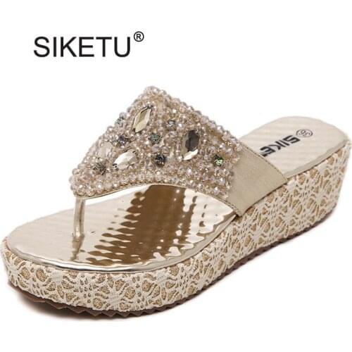 Luxurious Crystal Flip Flops For Women Fashion Platform High Heels Women Wedge Slippers Lady Elegant String Beaded Beach Slides