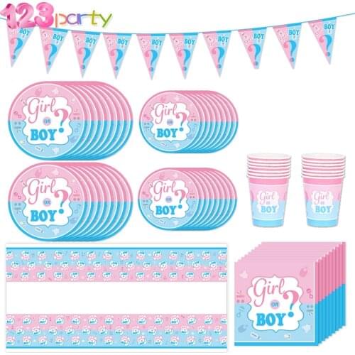 Sex reveal theme party suit boy or girl decoration paper cup paper cup tablecloth plastic knife and fork spoon party supplies