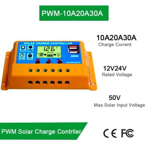 PWM 12V 24V Auto Solar Controller Charger 10A 20A 30A Solar Panel Battery LCD Charger Controller 5V USB Charger Auto Work