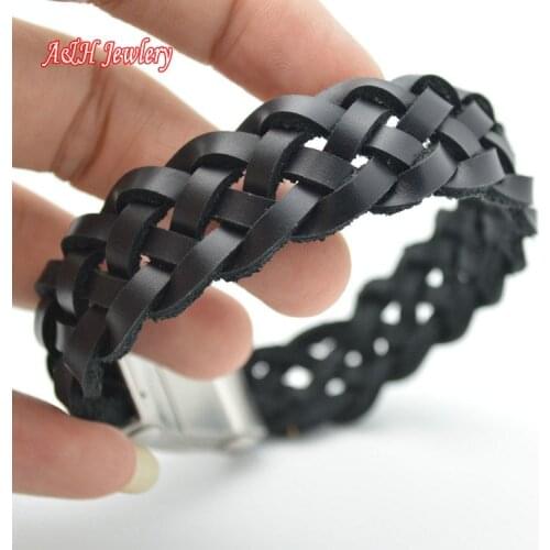 New Arrival Real Cowhide Leather Wrist Wide Bracelets Matte Stainless Steel Safe Magnet Clasp Man Bangles