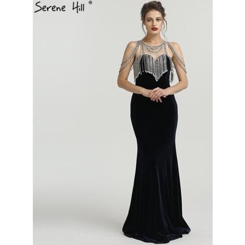 Navy Blue Mermaid Beading Tassel Formal Evening Gown 2020 New Sleeveless Fashion Sexy Evening Dresses BLA6586