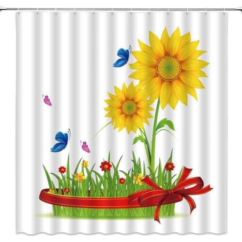 Sunflower Butterfly Shower Curtains Cartoon Yellow Floral Green Grass Red Ribbon Spring Plant Scenery Bathroom Cloth Curtain Set