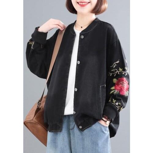 Women 2021 Spring Autumn Fashion Floral Embroidered Jackets Female New Casual Denim Overcoats Ladies Loose Outerwear W193