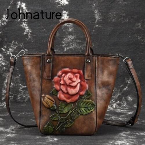 Johnature 2020 New Handmade Genuine Leather Women Bag Retro Embossed Bucket Handbag Casual Cowhide Flower Large Tote Bag