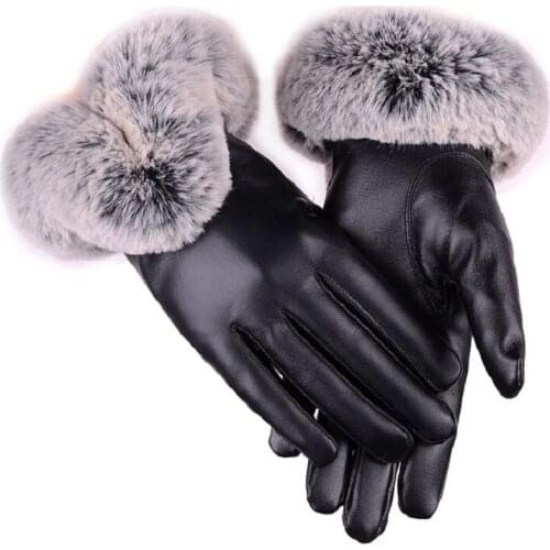 Women Thickening Winter Gloves Fashion Fluffy Rabbit Hair Cuff PU Leather Fleece Lining Thermal Touch Screen Gloves Christmas