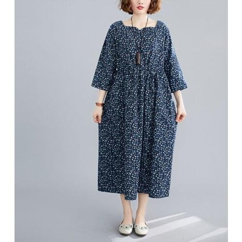 2021 New Arrival Print Floral Vintage Autumn Dress Cotton Linen Slim Waist Office Lady OL Work Dress Fashion Women Casual Dress