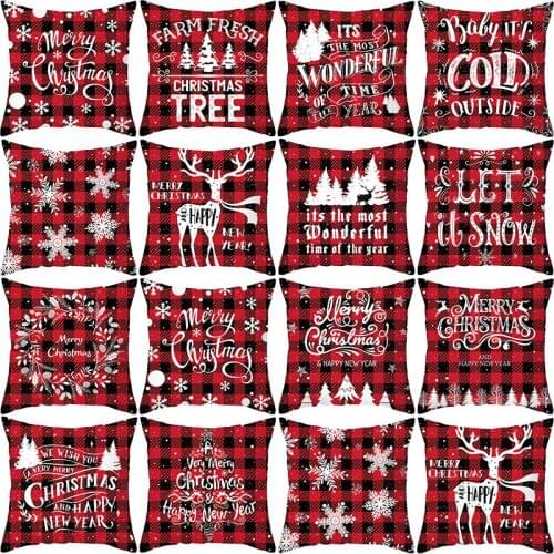 1PC 45*45cm Merry Christmas Cushion Cover Snowflake Christmas Tree Red Check Peach Skin Pillowcase Xmas Home Throw Pillow Case