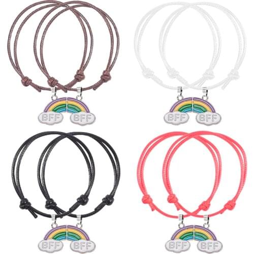 2 Piece Set Fashion BFF Leather Rope Bracelet Best Friend Rainbow Couple Pendant Men And Women Bracelet Jewelry 2021 Gifts