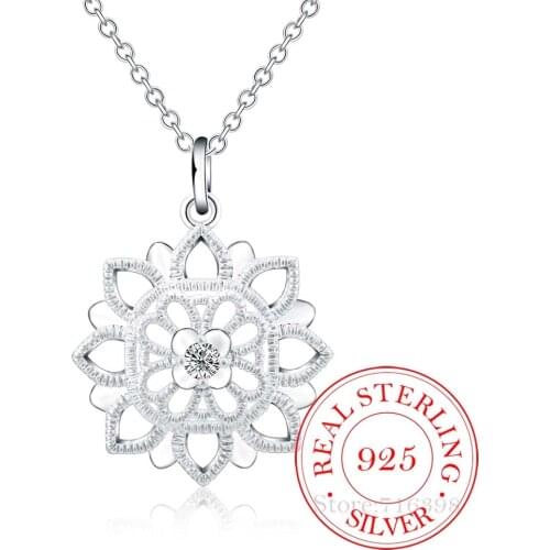 2020 Vintage Bijoux Luxury Crystal Hollow Flower Statement Pendant Necklace for Women 925 Sterling Silver Fine Jewelry Accessory
