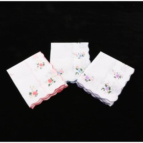 3 Pack Flower Embroidered Handkerchief Women 100% Cotton Square Pocket Hanky Girls Cute Wavy Edge Kerchiefs Hankie