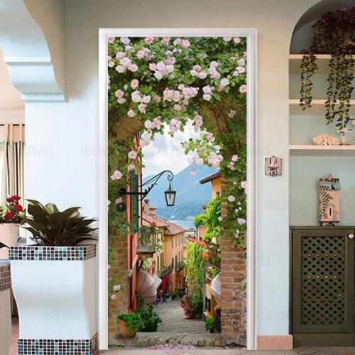 3D Door Sticker European Style Street Rose Town Modern Living Room Kitchen PVC Waterproof Wall Stickers Self-adhesive Decoration