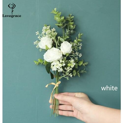 Lovegrace Bridesmaid Bouquet Artificial Flower Silk Rose Fake Eucalyptus White Flower Bundle Forest Bouquet Home Wedding Decor