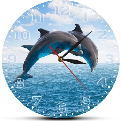 Two Jumping Dolphins Seascape Blue Wall Clock Deep Ocean Waters With Porpoise Silent Movement Wall Watch Sea Animals Wall Art