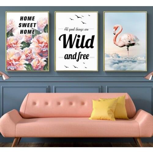 Nordic Wild And Free Letter Flamingo Canvas Painting Wall Art Print Home Decor Living Room Bedroom Poster Unframed