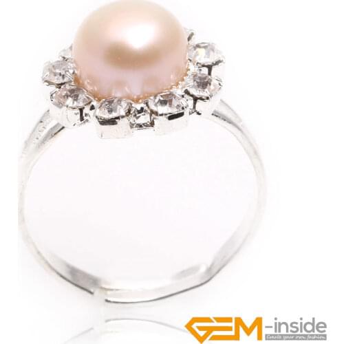 Natural 7-8mm Round Pearl Ring Women Gifts White Pink Black Purple Pearl Ring For Party Gift Silver Plated Rhinestone Pearl