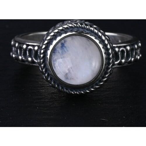 New Fashion 9MM Round Natural Moonstones Rings Womens 925 Silver Jewelry Ring Wholesale High Quality Gifts Vintage Fine
