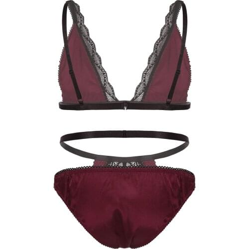 Mens Sissy Satin Lingerie Set Lace Trimming Adjustable Shoulder Strap Bra Tops with Low Rise Briefs Male Intimates Underwear